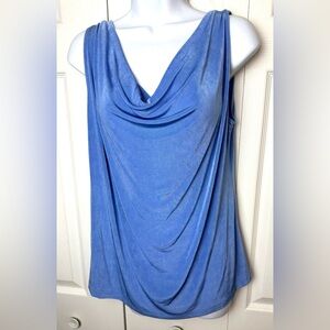 MADE IN HEAVEN Blue Drape Neck Tank Top Stretch Slinky Ribbed Knit Blouse Shirt